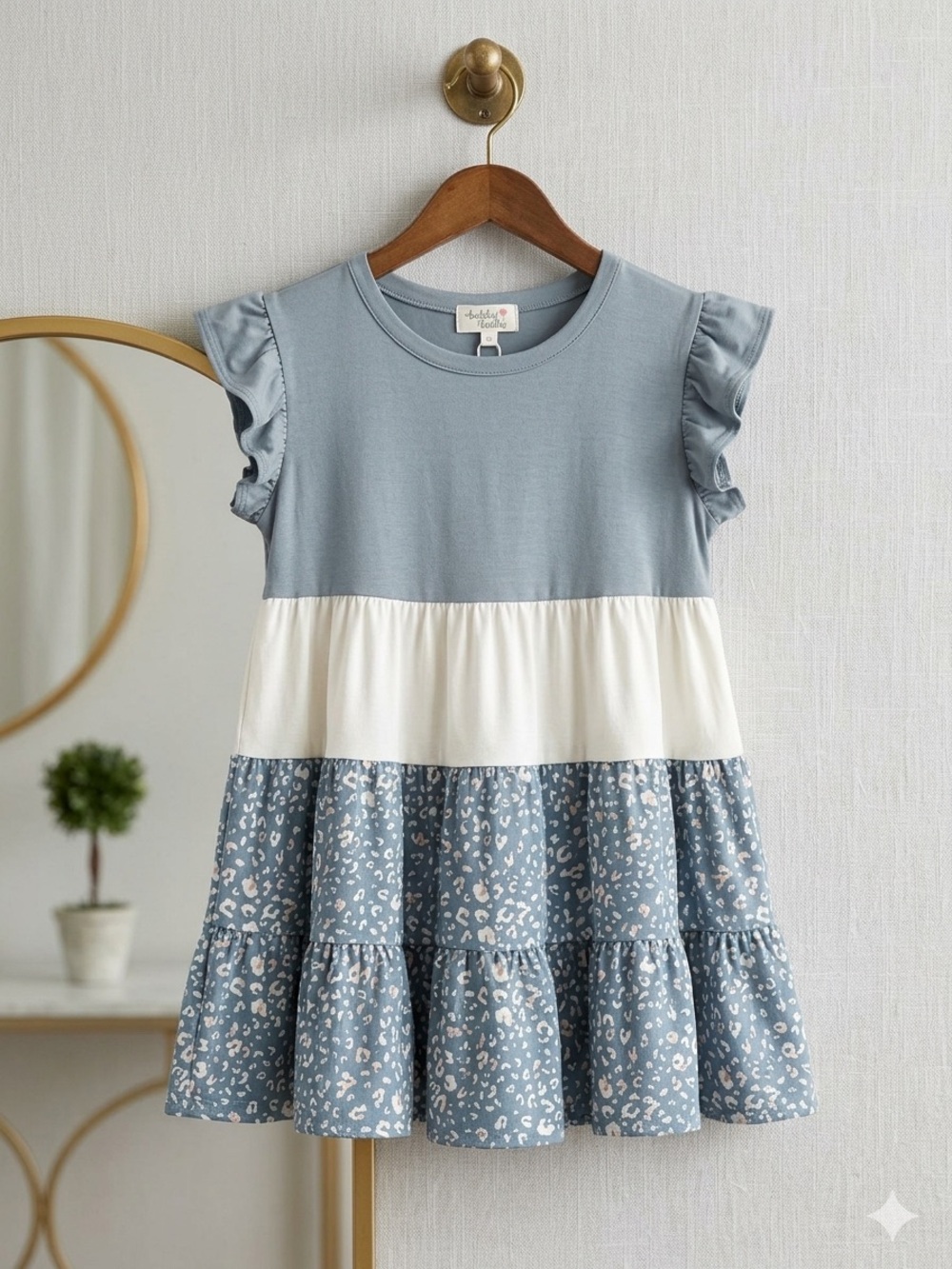 entro Blue and White Tiered Flutter Sleeve Dress for Girls